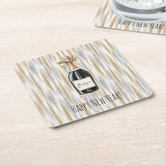 金と銀の大晦日シャンパンボトル スクエアペーパーコースター (アングル)