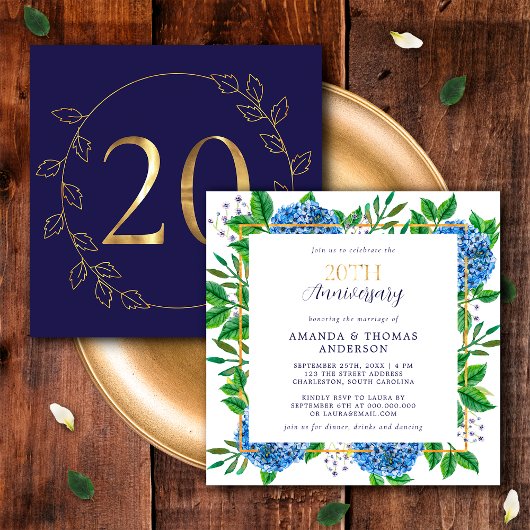 金と青のアジサイの結婚20周年記念 招待状
