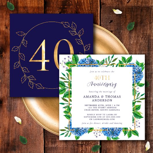 金と青のアジサイ 40周年記念結婚式 招待状