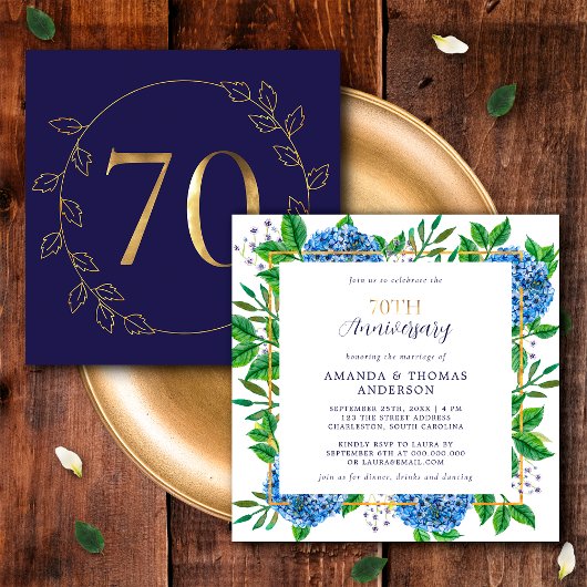 金と青のアジサイ 70周年記念結婚式 招待状