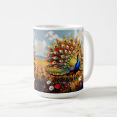 金と青の花の中のクジャク コーヒーマグカップ (正面右)