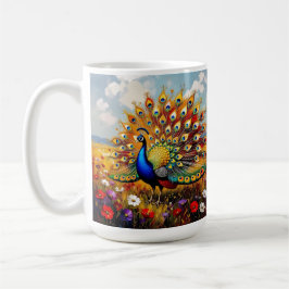 金と青の花の中のクジャク コーヒーマグカップ