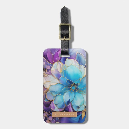 金と青の花の荷物タグ ラゲッジタグ (正面縦)