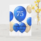 金と青の風船の75歳の誕生日 カード (黄色い花)