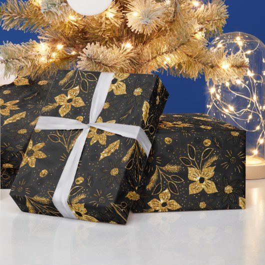 金と黒のクリスマスポインセチアの花 ラッピングペーパー (クリスマス)