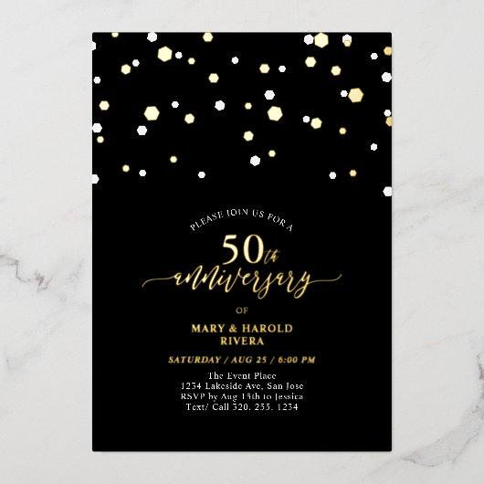 金と黒のコンフェティ 50周年結婚記念日 箔招待状 (正面)