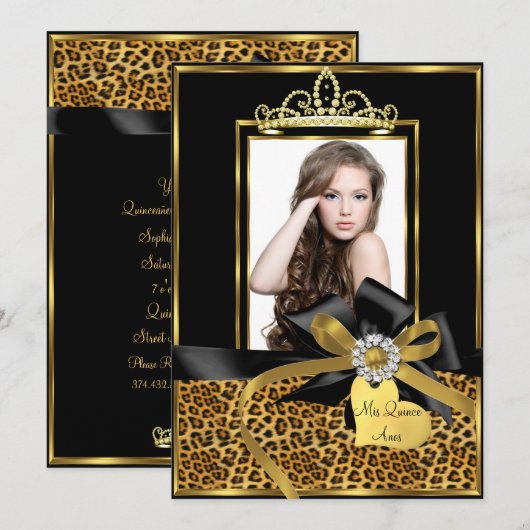 金と黒のヒョウ柄とリボンの写真付きQuinceanera 招待状 (正面/裏面)