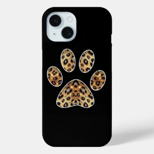 金と黒のヒョウ柄スパークル付き肉球プリント iPhone 15ケース