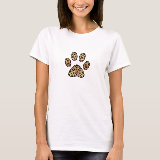 金と黒のヒョウ柄スパークル付き肉球プリント Tシャツ (正面)