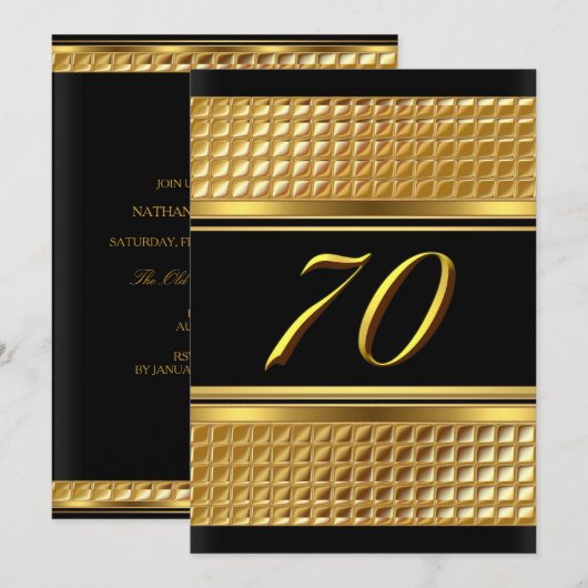 金と黒の70歳の誕生日パーティー招待状 招待状 (正面/裏面)
