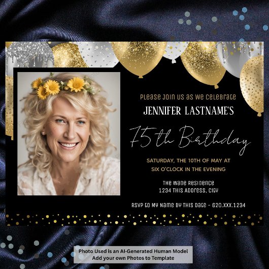 金と黒の75歳の誕生日写真招待状 招待状