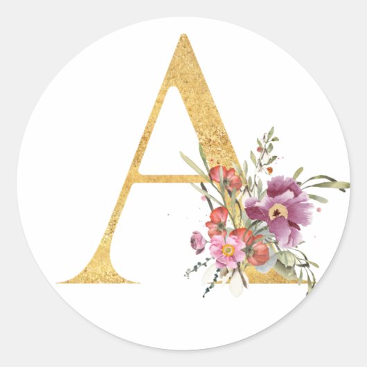金のアルファベットAに花 ラウンドシール (正面)