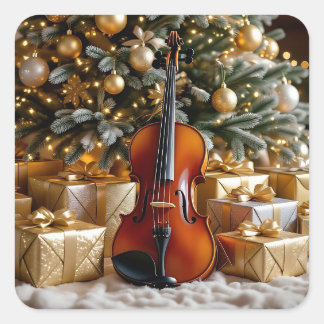 金のクリスマスツリーとプレゼントとバイオリン スクエアシール