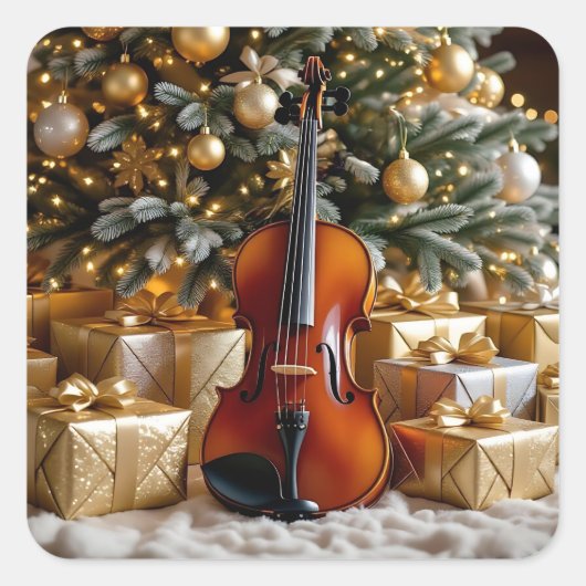 金のクリスマスツリーとプレゼントとバイオリン スクエアシール (正面)