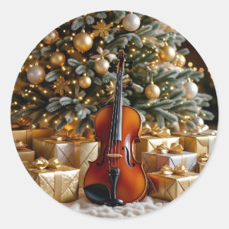 金のクリスマスツリーとプレゼントとバイオリン ラウンドシール