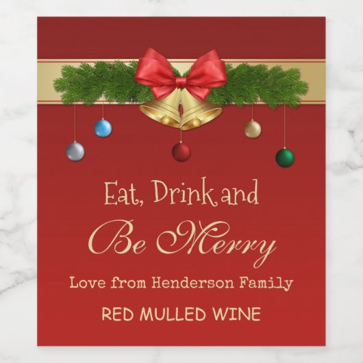 金のクリスマスベル、バウブル、スプルース ワインラベル (シングルラベル)