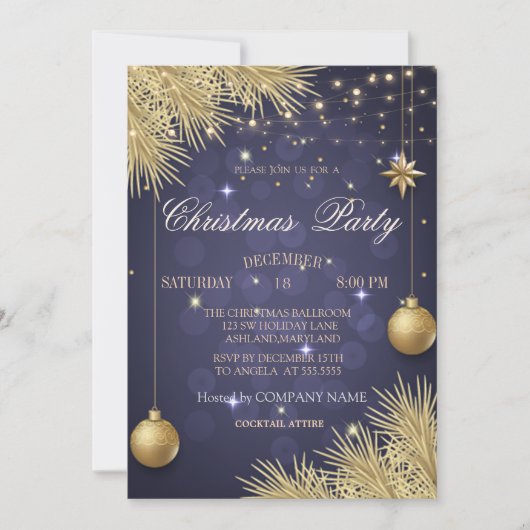 金のクリスマスボールブランチクリスマス企業 招待状 (正面)