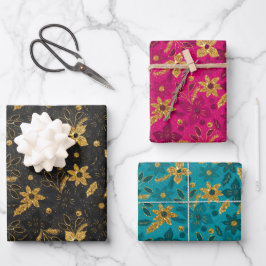 金のクリスマスポインセチアの花 ラッピングペーパーシート