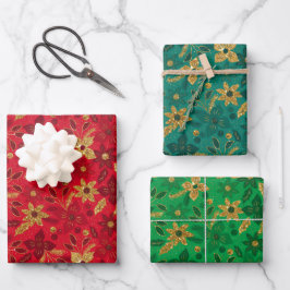 金のクリスマスポインセチアの花 ラッピングペーパーシート