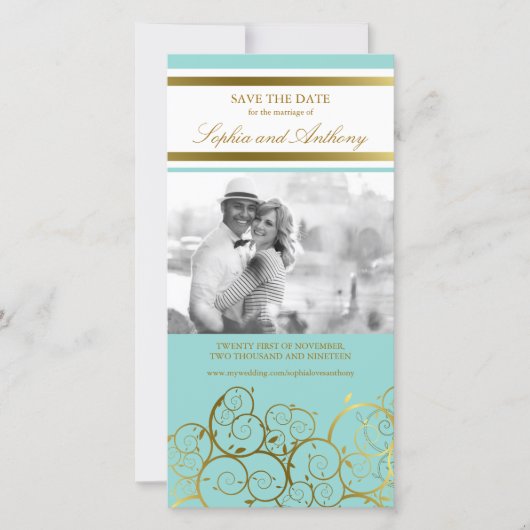 金のスタイリッシュらせん状は日付の写真カードを保存 セーブザデート (正面)