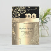金のスパンコールドレスとガラスの花の100歳の誕生日 招待状 (スタンド正面)
