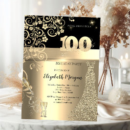 金のスパンコールドレスとガラスの花の100歳の誕生日 招待状