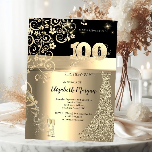 金のスパンコールドレスとガラスの花の100歳の誕生日 招待状