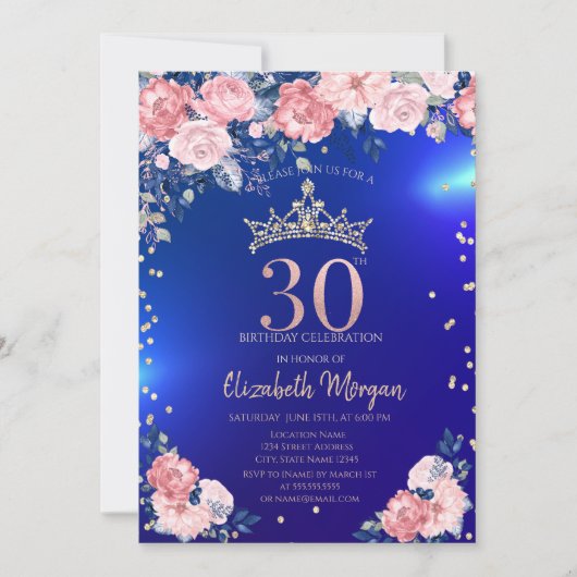 金のティアラ ダイヤモンド 花 青い 30歳の誕生日 招待状 (正面)