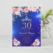 金のティアラ ダイヤモンド 花 青い 30歳の誕生日 招待状 (スタンド正面)