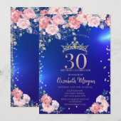 金のティアラ ダイヤモンド 花 青い 30歳の誕生日 招待状 (正面/裏面)