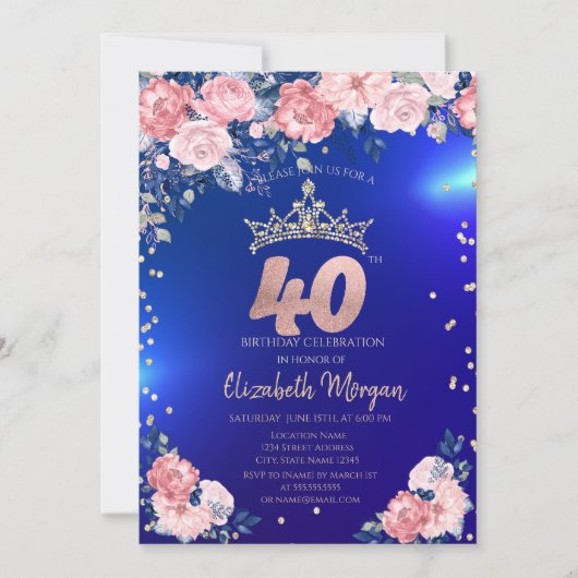 金のティアラ ダイヤモンド 花 青い 40歳の誕生日 招待状 (正面)