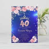 金のティアラ ダイヤモンド 花 青い 40歳の誕生日 招待状 (スタンド正面)