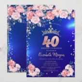 金のティアラ ダイヤモンド 花 青い 40歳の誕生日 招待状 (正面/裏面)