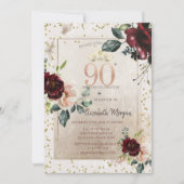 金のティアラ、ワインレッドの花 90歳の誕生日 招待状 (正面)