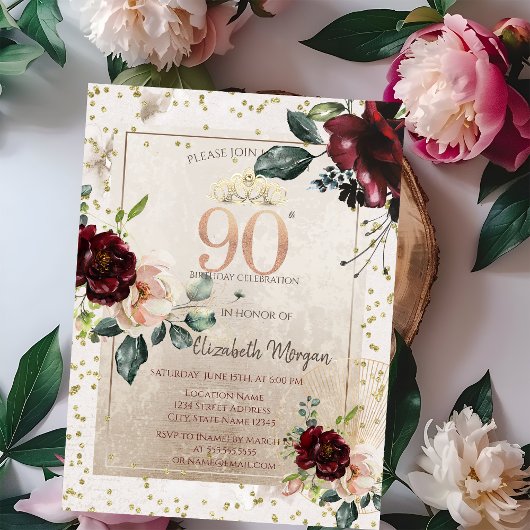 金のティアラ、ワインレッドの花 90歳の誕生日 招待状
