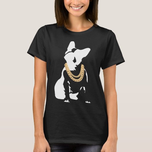 金のネックレスをつけたブルドッグ Tシャツ (正面)