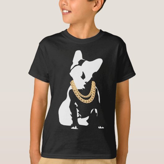 金のネックレスをつけたブルドッグ Tシャツ (正面)