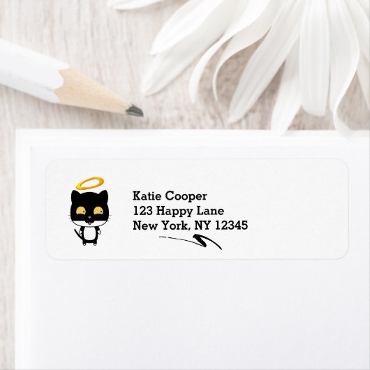 金のハローのかわいい漫画スケッチの黒猫 ラベル (インサイチュ)