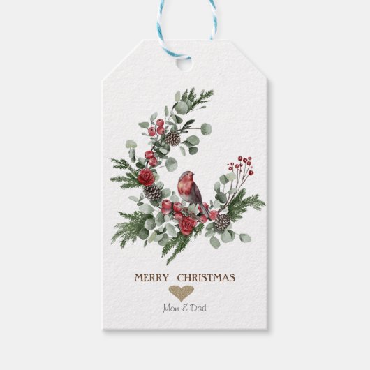 金のハート、リース 赤いカーディナル クリスマス ギフトタグ (正面)