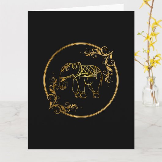 金のフレームの蓮の花飾りが施されたインドの象 カード (黄色い花)