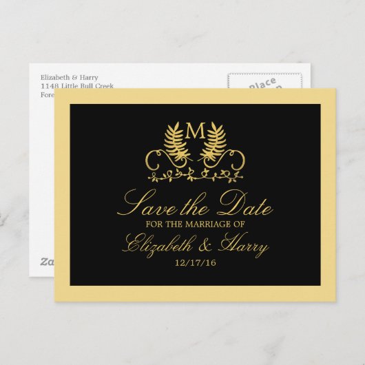 金のフローラエンブレムウェディング日付を保存 案内ポストカード (正面/裏面)
