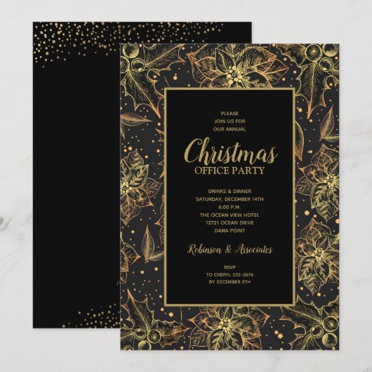 金のポインセチア フラワー クリスマス インビテーション (正面/裏面)