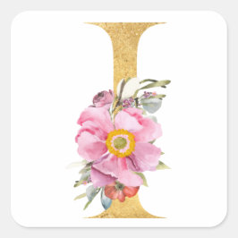 金のモノグラムのアルファベットIと花 スクエアシール