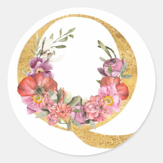 金のモノグラムのQの文字に花 ラウンドシール (正面)