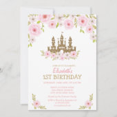 金のラメプリンセス城、花の誕生日 招待状 (正面)