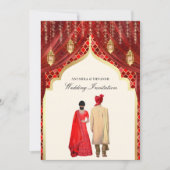金のランタン 赤いインド人カップルの結婚式 招待状 (正面)