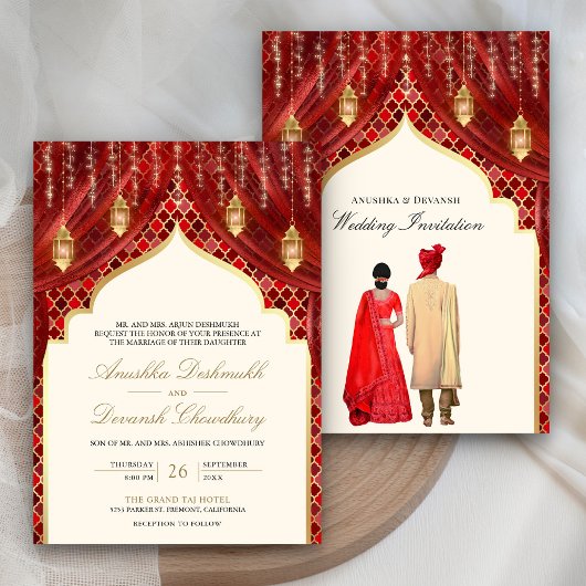金のランタン 赤いインド人カップルの結婚式 招待状
