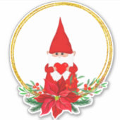 金の円の中のクリスマス・ノームとポインセチア シール (正面)