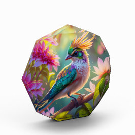 金の冠を持つ緑の頭のフィンチの幻想の鳥 フォトブロック