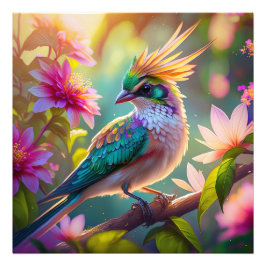 金の冠を持つ緑の頭のフィンチの幻想の鳥 フォトプリント